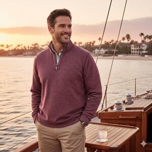 Tommy Bahama Mens Large 1/4 Zip Pullover Sweater Maroon Striped Coastal Knit L